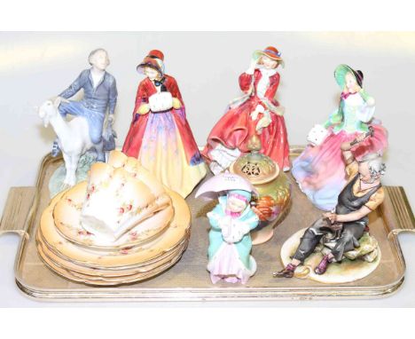 Four Royal Doulton figures, Royal Copenhagen group, cobbler figure, Royal Worcester lidded pot pourri and part tea set