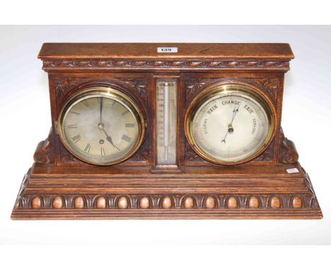 19th Century carved oak clock barometer and thermometer set