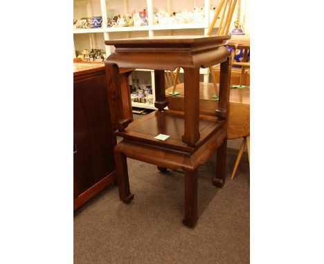 Pair Oriental style hardwood lamp tables