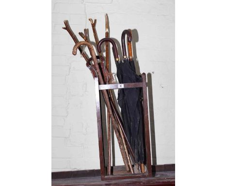 Oak stick stand, shooting stick, brollies and walking sticks