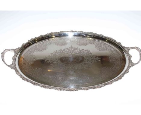 R. Stewart Glasgow, EPNS oval two handled tray with engraved decoration and embossed border