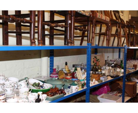Full shelf of glassware, china, cutlery, Denby dinnerware, barometer, metalware, etc