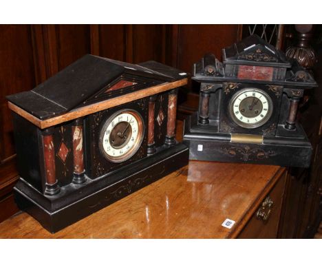 Two late 19th Century slate and marble mantel clocks, each with enamel dials
