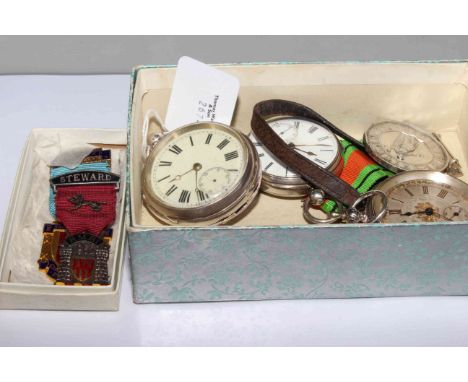 Three silver pocket watches, German agriculture medal and two enamel medals