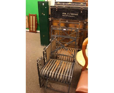 Gun cabinet, tin trunk, box, iron fender, corner linen bin, two folding garden chairs and two firescreens (9)