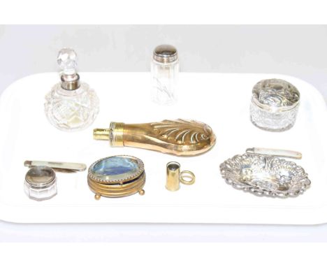 Three silver topped jars, two silver and mother or pearl penknives, powder flask, trinket box, etc