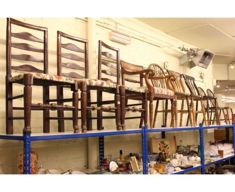 Set of three oak country ladder back dining chairs, Victorian mahogany bar back elbow chair, pair child's Windsor chairs and 