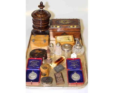 Tray of collectables including silver topped jars, Victorian caddy, turned wood tobacco jar, snuff boxes, two Shire Horse Soc