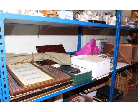 Cased microscope, pictures, playing cards, glass cakestand, sporting programmes, ephemera, camp bed etc