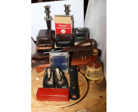 Pair of silver plated candlesticks, briefcase, leather belts, cigar cases, cameras, dominoes, vintage child's shoes, Bells wh