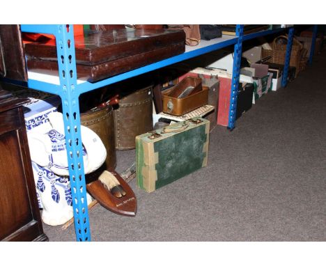 Two copper log bins, elephant stool, scales, mounted hoof, wicker baskets, sewing machine, books, picture and photograph fram