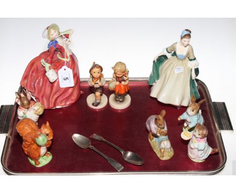Two Royal Doulton figurines, five Beswick Beatrix Potter figures, two Hummel figures, and two silver spoons