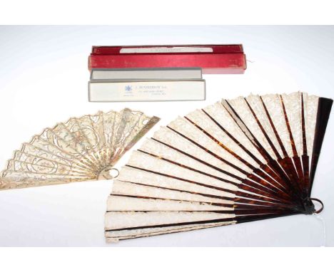19th Century mother of pearl fan, floral painted on pierced sticks and guards and large tortoiseshell fan with floral lace de