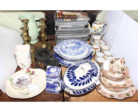 Plate camera, pair of earrings, two pairs of brass candlesticks, first day covers, various china, etc