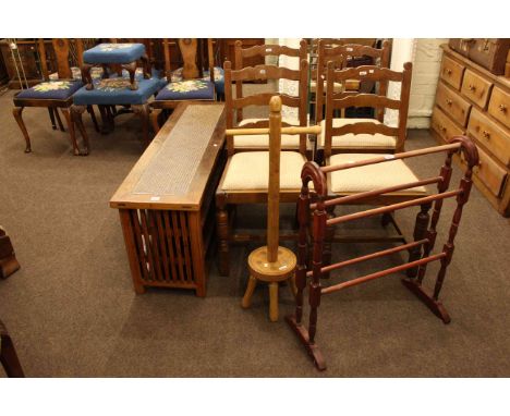 Set of four oak ladder back dining chairs, hardwood shoe rack, washing dolly and towel rail (7)