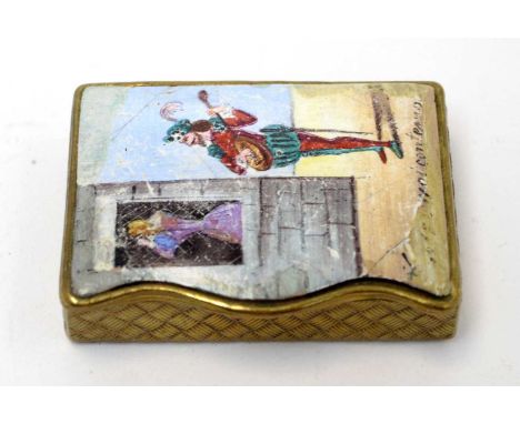 An early 20th Century French erotic snuff box, decorated in enamel with a courting man at the window of a maiden to outer and
