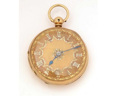 An 18ct yellow gold cased open faced pocket watch, the gilt romal dial with applied floral swag design, fitted a key-wound mo