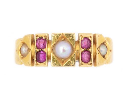 A Victorian pearl and ruby ring, by G.Bros, Chester 1885, the three half pearls parted by pairs of rubies, in 18ct yellow gol