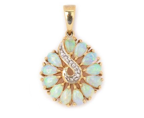 An opal and diamond pendant, set with twelve pear shaped opal cabochons around a diamond set scroll, in 9ct yellow gold mount