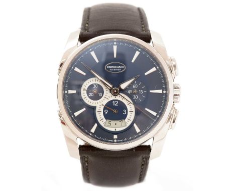 Parmigiani Fleurier: a stainless steel automatic calendar chronograph wristwatch, the blue dial with triangular batons, three