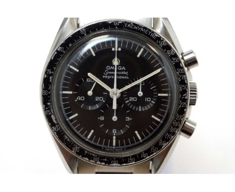 Omega Speedmaster Professional: a stainless steel cased wristwatch, 1970, the black dial with three subsidiary dials and cent