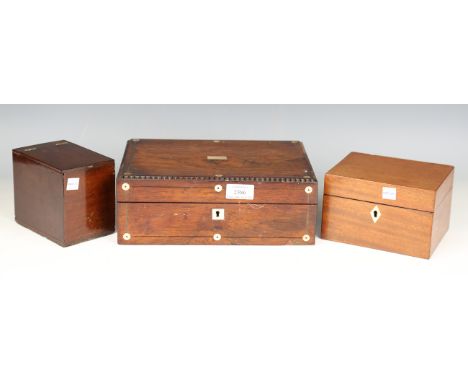 A Regency rosewood and mother-of-pearl inlaid workbox with silk-lined tray to the interior, height 10cm, width 28cm, depth 20