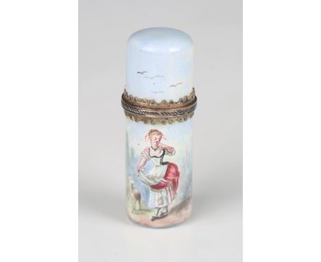 A 19th century French enamel scent phial, the cylindrical body painted with a girl standing beside a lamb, the white metal li