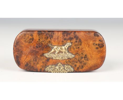 A George IV pollard oak curved rectangular snuff box, the lid applied with a gilt metal dog mount and a foliate thumbpiece, w