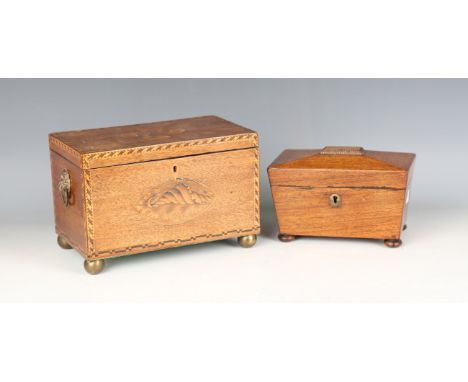 A George III mahogany tea caddy with overall chequer banded borders and an inlaid conch shell patera, width 23cm (lacking one
