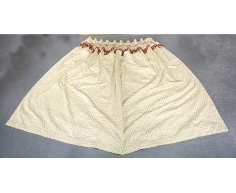 A group of modern curtains, woven with claret and taupe flowerheads on a cream ground, lined and interlined, comprising a lar