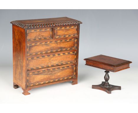 A 19th century apprentice chest of drawers, parquetry inlaid and crossbanded with rosewood, walnut and pollard oak, on bracke