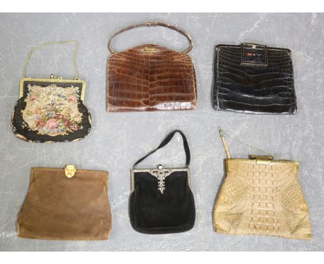 A Continental black suede lady's evening purse with .935 silver and marcasite mounts, 17cm x 15cm, a black crocodile skin han