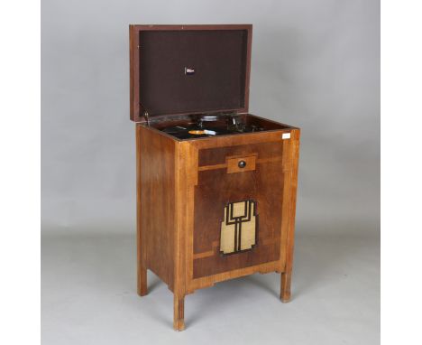 An Art Deco walnut cased radiogram record player by G. Marconi, with Bakelite fittings and inlaid decoration, height 86cm, wi