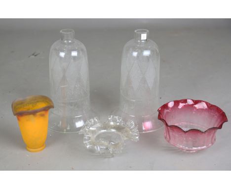 A pair of cut and etched glass hurricane lamp shades, height 31cm, five frosted glass flame shades, height 18cm, three hobnai