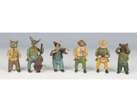 A late 19th century cold painted cast alloy novelty animal band, comprising six anthropomorphic standing animals playing musi