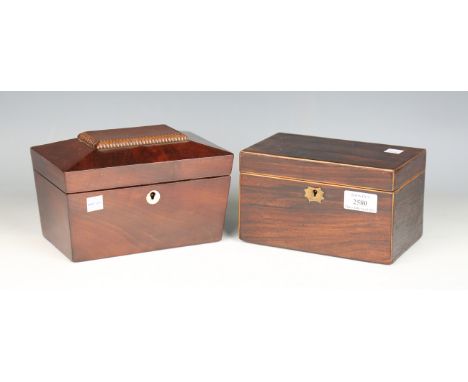 A Regency rosewood tea caddy of rectangular form with compartmentalized interior, height 11cm, width 19cm, depth 11cm, a maho