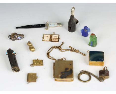 A group of objects of virtu, including a 19th century horn and nickel mounted novelty cigar cutter in the form of a champagne