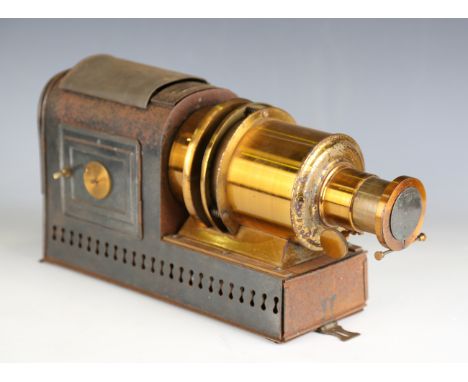 A late 19th century black painted tin and gilt lacquered brass magic lantern by Millikin &amp; Lawley, London, bearing patent