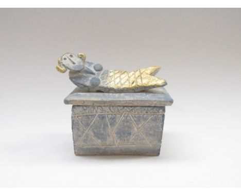 JOHN MALTBY (1936-2020) A Studio pottery lidded box blue glazed, the lid surmounted with a mermaid, gold foil finish to tail 