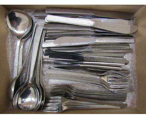 A Viners 'Studio' pattern cutlery set designed by Gerald Benney, twelve setting plus four server spoons 