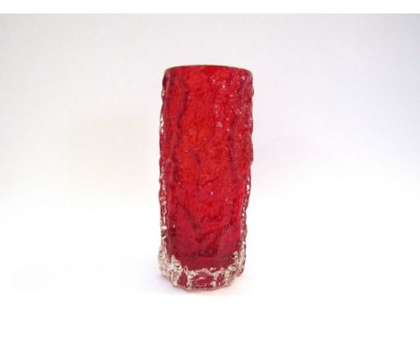 A Whitefriars Ruby cylindrical bark vase, designed by Geoffrey Baxter, Pat. No. 9690, 19cm high 