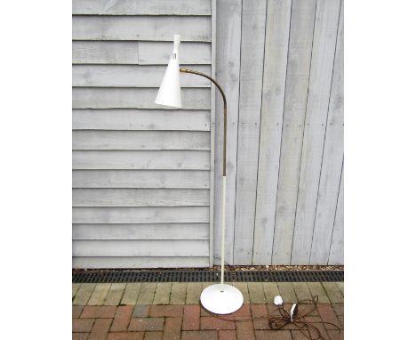 A G.A Scott for Maclamp standard lamp in white with a single adjustable conical shade light. 