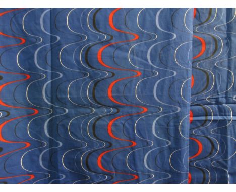 A pair of 1980's lined curtains in blue ground with waved lines of red, white and black, 180cm drop x 166cm wide 