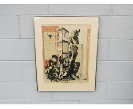 MICHAEL AYRTON (1921-1975) A framed and glazed lithograph printed in colours 'The Bird Sellers'. Circa 1950's. Image size 59.