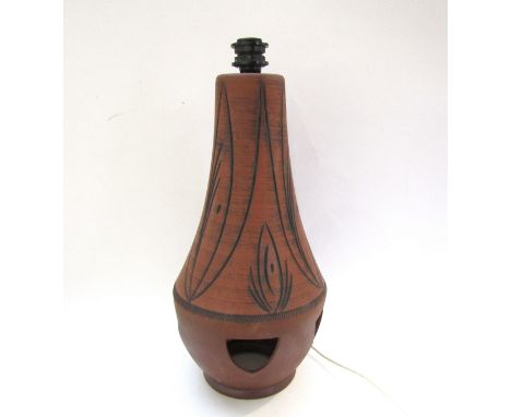 A Large earthenware double bulb floor lamp with incised line detail. 58cm high incl fitting 