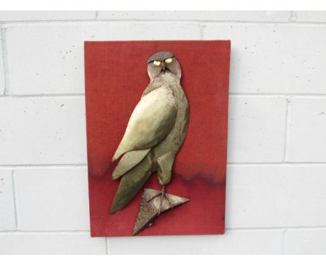 A 1960’s metal 3D sculptural picture of a bird mounted onto hessian board. Overall size 61cm x 44cm 