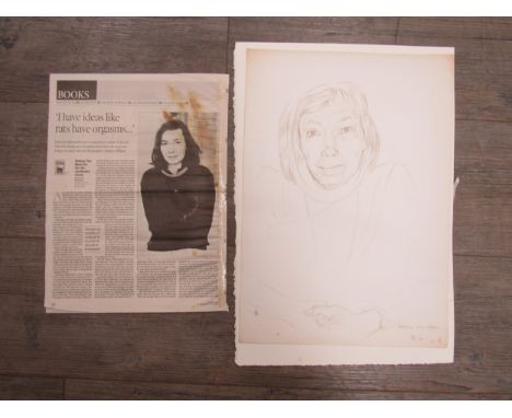 PATRICIA HIGHSMITH (1921-1995, crime author) An unframed pencil on paper self portrait, signed and dated '77 together with an