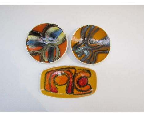 Three Poole Delphis pin dishes, two 12.5cm diameter, late 1960's black backstamp and a 1970's 361 dish (3) 