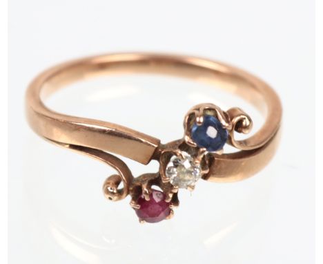   antiker Saphir Rubin Brillant Ring  - RG 585   punziert Roségold 585 (14 Karat) sowie Meisterpunze, ca. 2,15 Gramm, Ringkop