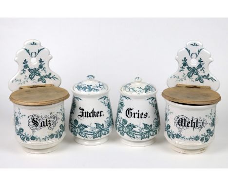   4 Vorratsbehälter *Brombeer*  um 1900   Steinzeug mit Manufakturmarke Thomsberger &amp; Hermann in Colditz (1804/1929), dab